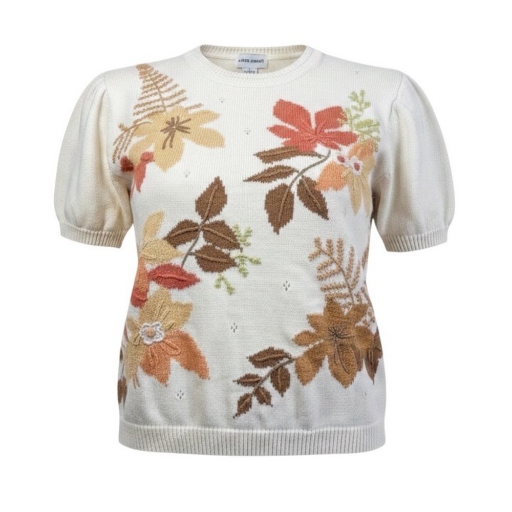 Alfred Dunner Vintage Floral Embroidered Short Sleeve Sweater  Large